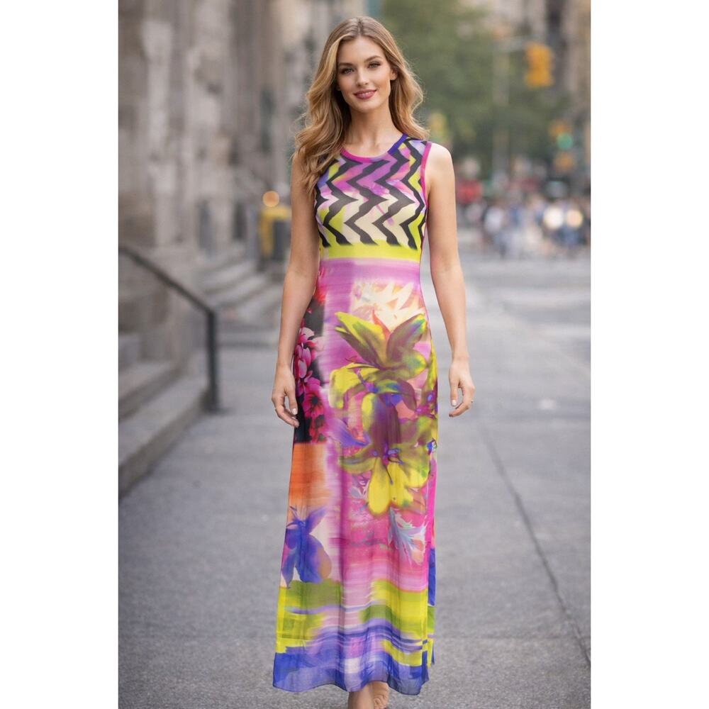 B44 Fuzzi Floral‎ Mesh Maxi Dress Womens Small Sleeveless Resortcore Euro Summer